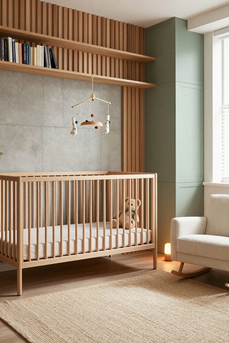 Modern nursery room with light wood vertical slat wall panels, gray concrete accent wall, wooden crib containing a teddy bear and mattress, hanging mobile, wooden bookshelves, cream upholstered armchair, lamp, rocking chair elements, and seagrass rug on light wood floor.