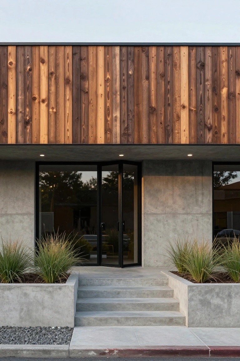 Modern house facade with upper section clad in vertical dark wood planks, lower exposed concrete walls, black-framed folding glass doors at the entry, concrete steps, and grassy plants in matching concrete planters.