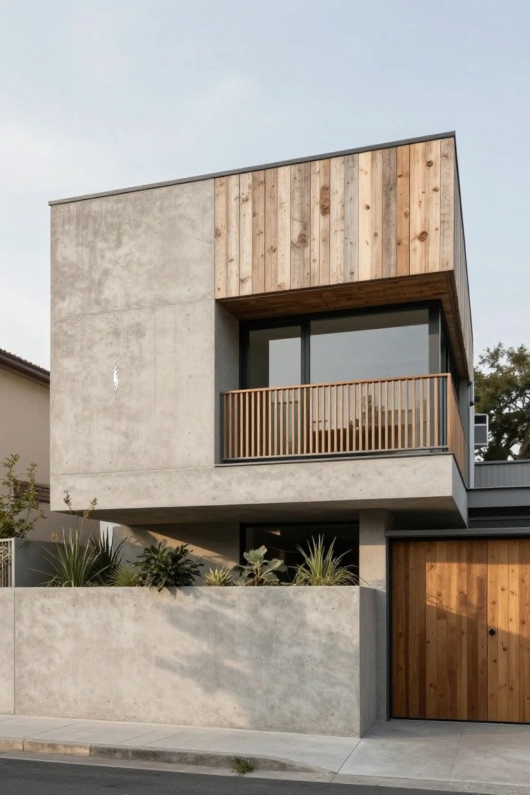 Modern two-story house exterior with gray concrete walls, vertical light wood cladding on upper sections, wooden balcony railing and garage door, agave plants along the front concrete boundary wall, and adjacent trees.