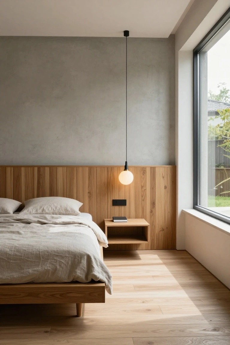 Modern bedroom with light gray concrete walls, vertical light wood slat headboard, low wooden platform bed with white linen bedding and pillows, wooden nightstand, black pendant lamp with white globe shade, and large window with black frame overlooking greenery and wood fence.