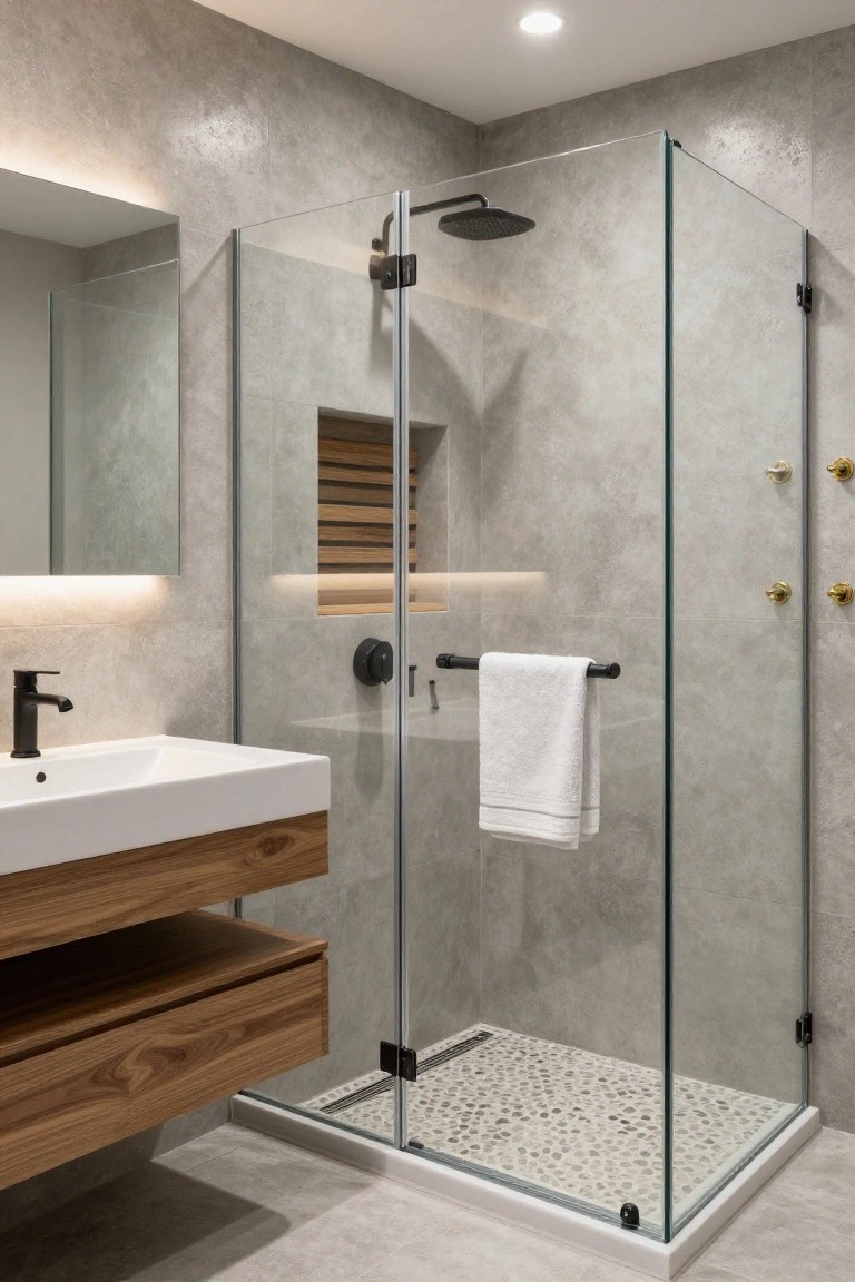 Modern bathroom with gray textured walls, glass shower enclosure containing a black rain showerhead, wood niche shelf, pebble stone shower floor, floating wood vanity with white sink, black faucet, and towel bar on glass door.