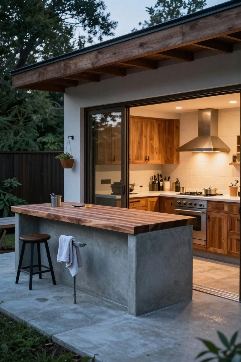 Patio area with a rectangular concrete island topped by striped wood countertop, a wooden stool, and a towel on a metal bar, next to open sliding glass doors revealing an indoor kitchen with wooden cabinets, cooktop, and greenery in the background.
