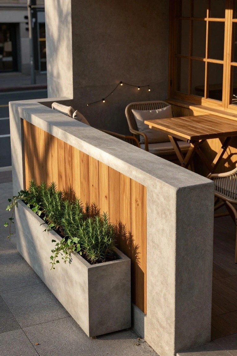 Outdoor terrace seating area featuring rattan chairs around a wooden table, enclosed by a tall concrete partition with inset vertical wood planks and a built-in concrete planter filled with rosemary and ivy plants.