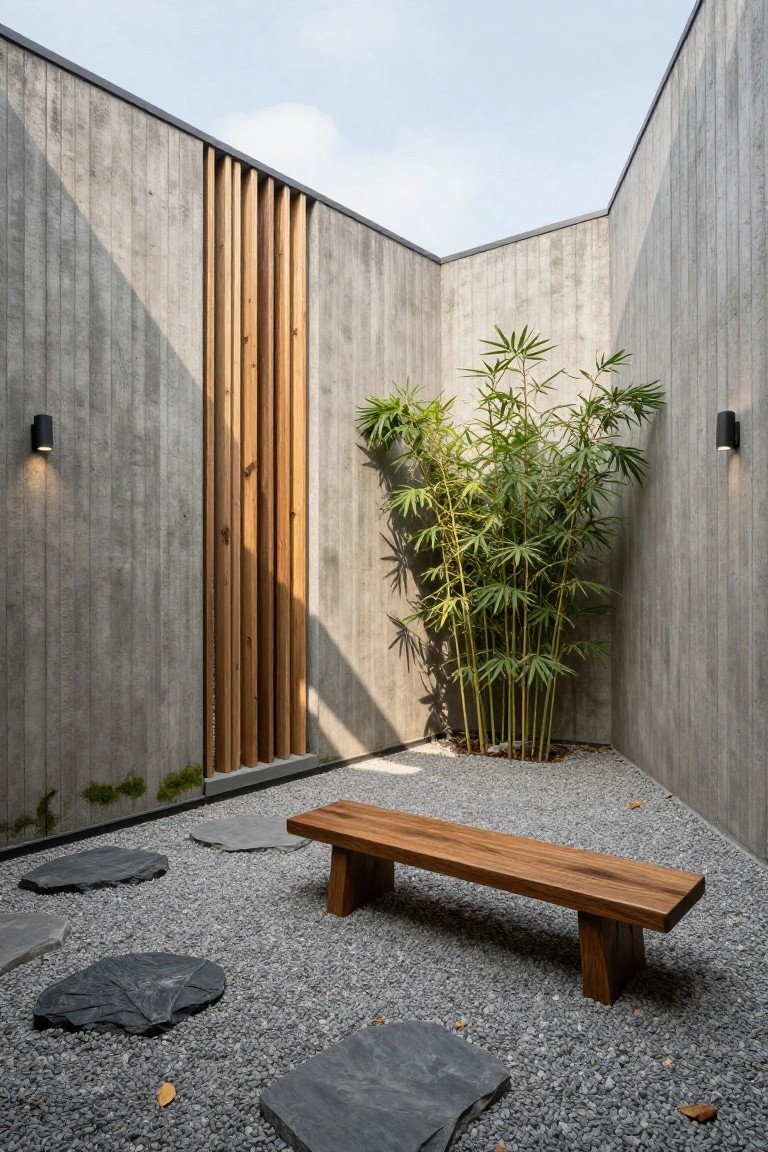 Enclosed courtyard with tall gray concrete walls, vertical wooden slats on one wall, green bamboo plant in corner, gravel ground scattered with dark stepping stones, and low wooden bench centered in the space.