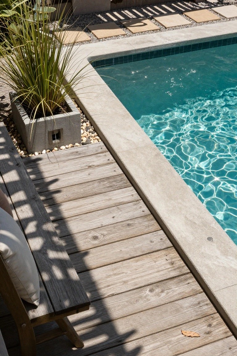 Close view of a wooden bench on weathered decking next to a pool with concrete edging, potted grass plant, pebbles, and pool water.