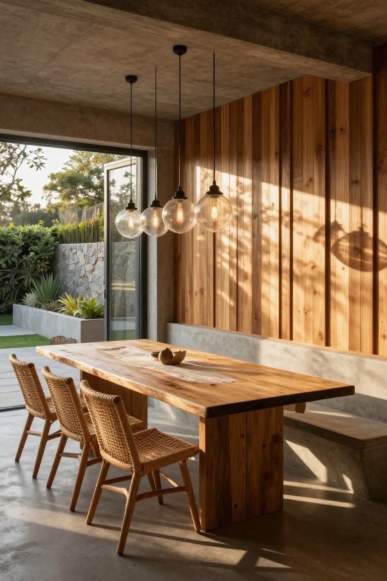 Modern interior dining room featuring concrete floor and ceiling, vertical wood-paneled wall, live-edge wooden table with woven rattan chairs, pendant lights, and glass doors opening to a garden.