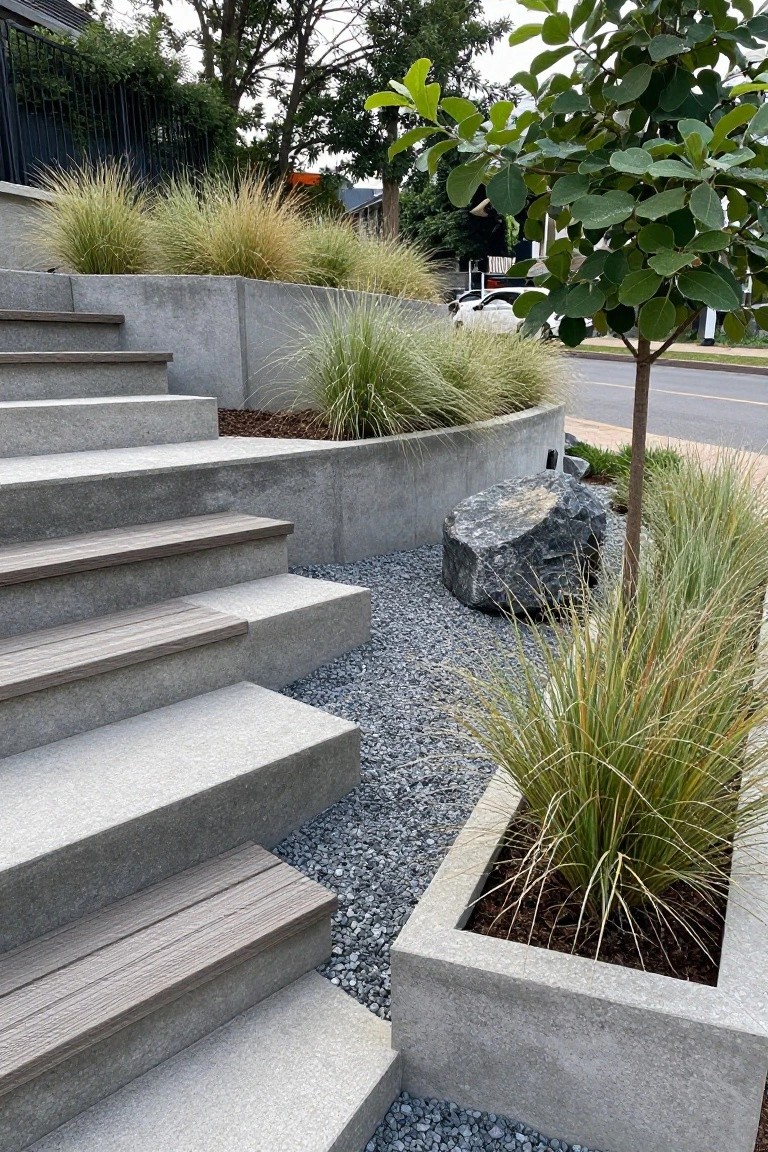 Wide concrete steps with light brown wood treads ascending a sloped yard, surrounded by gravel ground cover, large boulders, ornamental grasses in raised beds, and gray retaining walls next to a house and street.