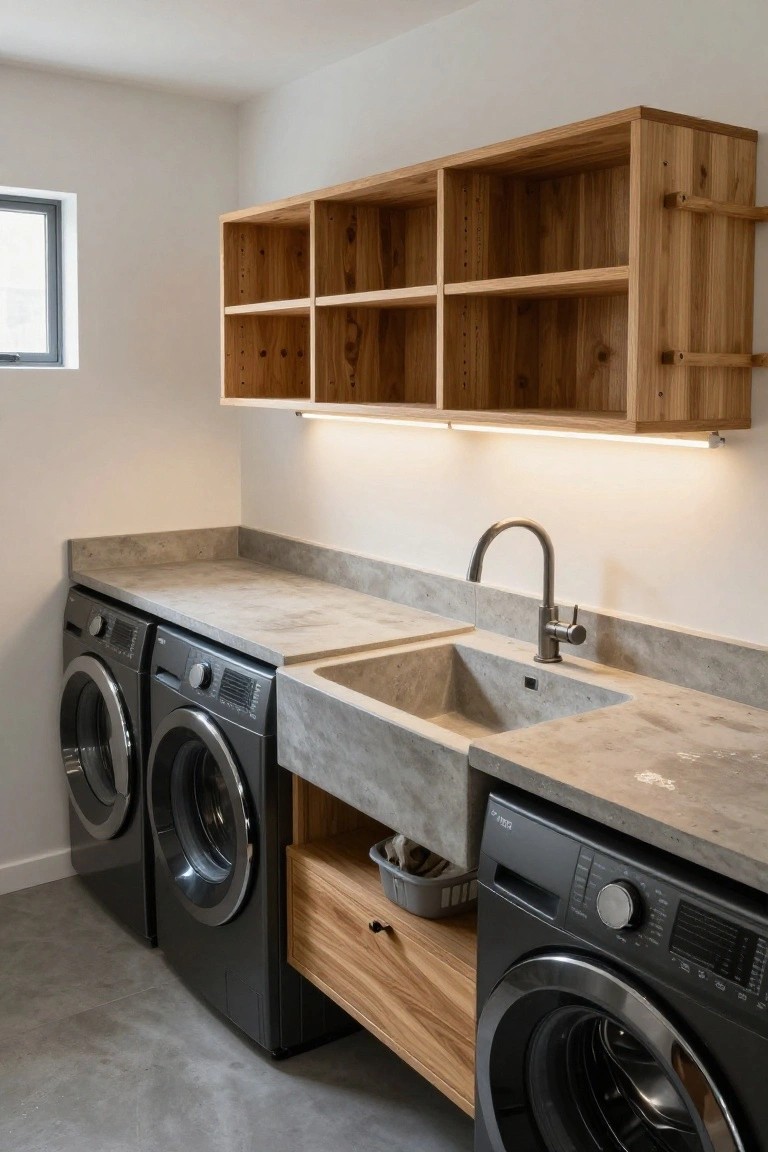 Modern laundry room with two black front-loading washers and dryers under a light gray concrete countertop with integrated sink and faucet, wooden open shelves mounted above, wooden drawer cabinet below the right dryer, and polished concrete floor.