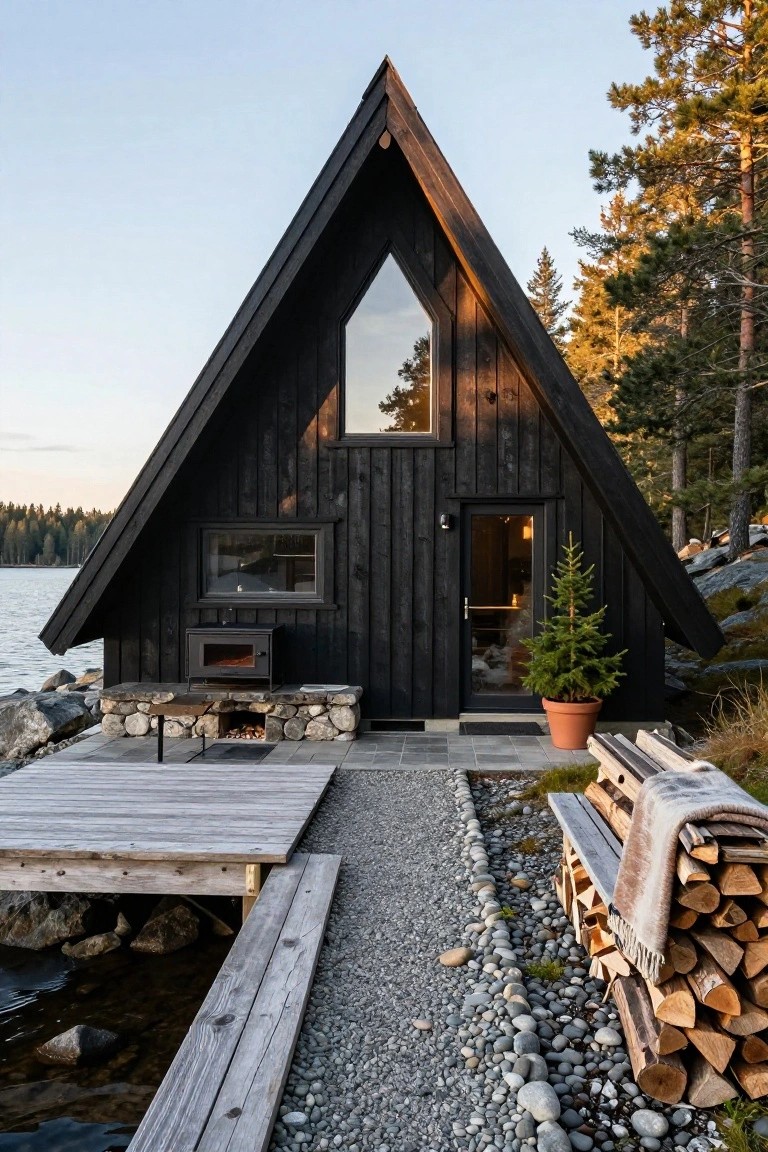 Black wooden A-frame cabin beside a lake with a wooden dock, outdoor wood-burning stove on a stone base, gravel path edged in rocks, firewood stack, and potted fir tree near the glass door.