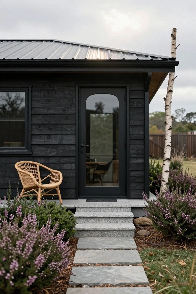 Small black weatherboard cabin with gray metal roof, large glass door and window, rattan chair on porch, granite steps to gray slate path, purple heather plants, birch tree, and grass nearby.