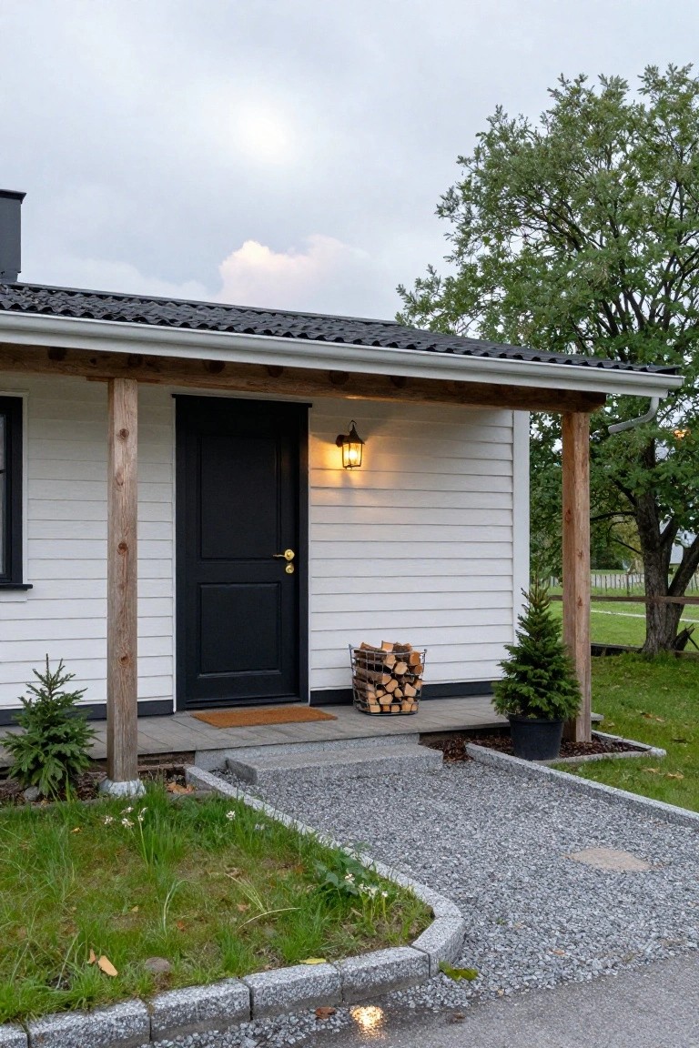 White clapboard cabin exterior with black front door under wooden-posted porch roof, wall lantern lit, firewood in metal basket on doorstep, small evergreen trees flanking entry, gravel path and grass edging.
