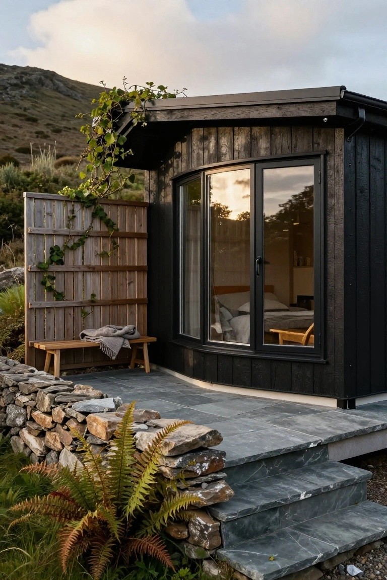 Small curved black wood cabin with large glass window showing interior bed, adjacent ivy-covered wooden fence and bench, slate steps, stone walls, ferns, and rocky mountainous background at dusk.