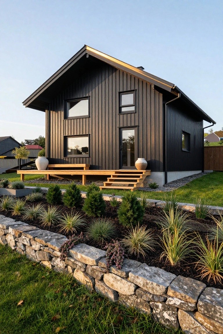 Black vertical wood-clad cabin with gabled roof, front wooden deck and steps leading to glass door, flanked by large terracotta pots, stone retaining wall with shrubs and grasses, on grassy lawn under partly cloudy sky.