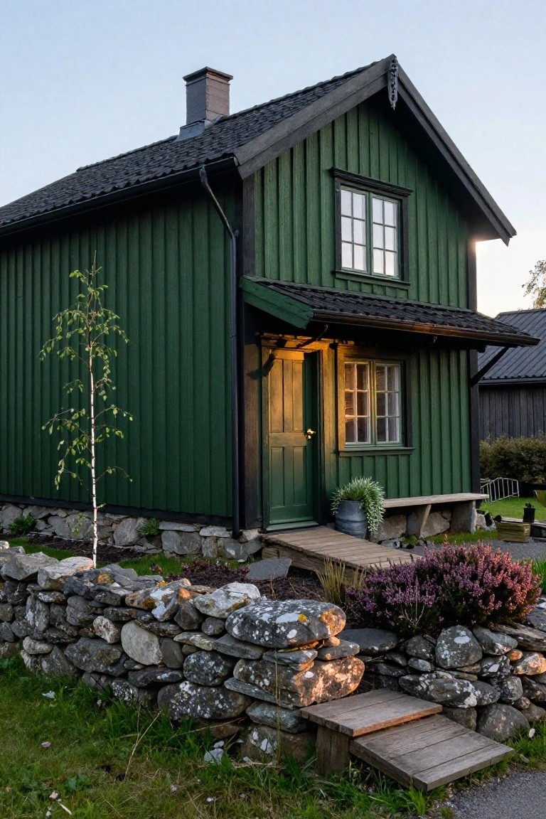 Green wooden cabin with vertical siding, gabled black roof, covered porch over green door and window, wooden bench, potted plant, stone wall foundation, birch tree, heather shrubs, and wooden steps in a rural yard at sunset.