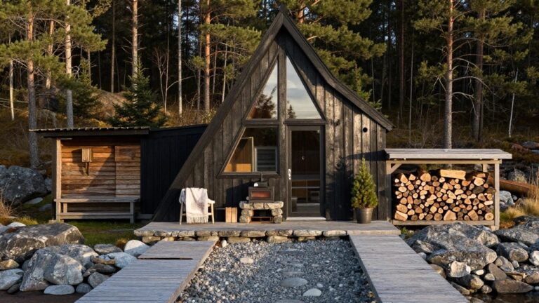 Black wooden A-frame cabin beside a lake with a wooden dock, outdoor wood-burning stove on a stone base, gravel path edged in rocks, firewood stack, and potted fir tree near the glass door.