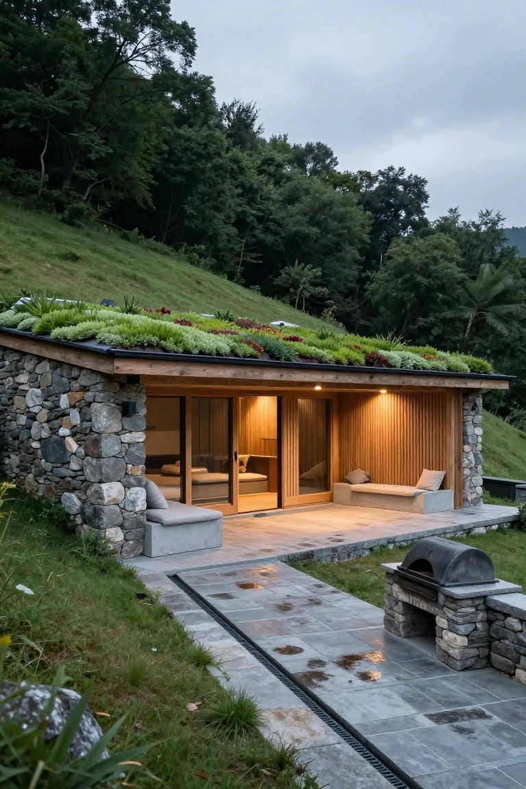 Stone-walled cabin with wooden accents and sedum green roof built into a grassy hillside surrounded by trees, glass doors revealing interior, built-in benches, stone pathway, and outdoor oven.