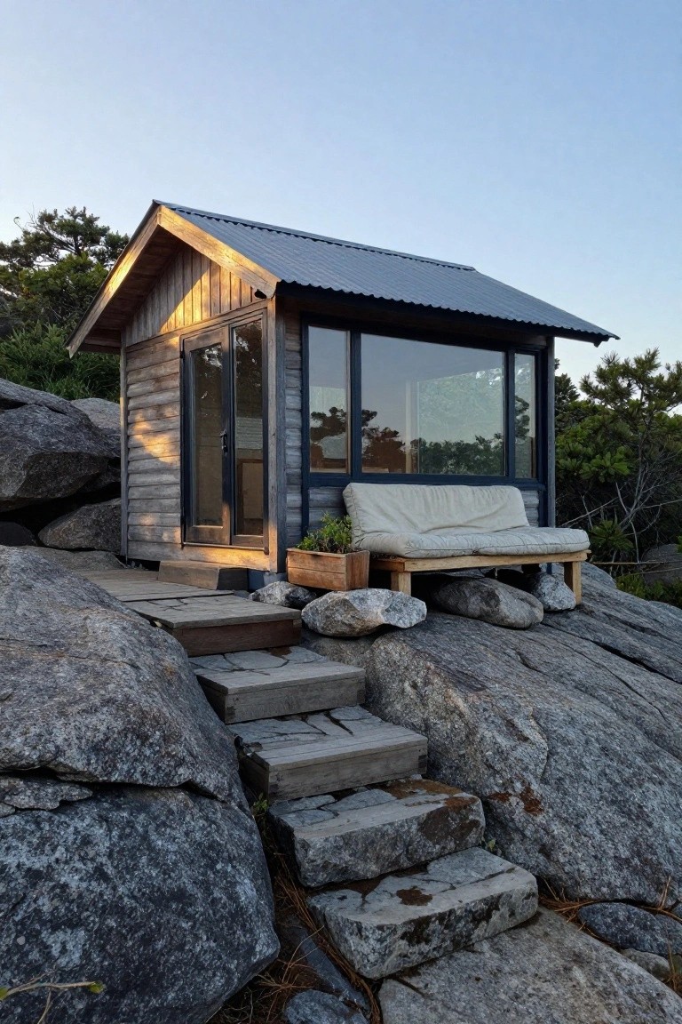 Small wooden cabin with corrugated metal roof and large glass windows perched on granite boulders, outdoor bench inside window area, stone steps leading up from rocks.