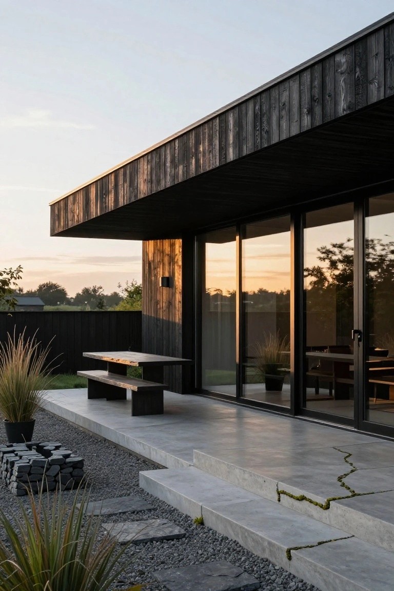 Side view of a modern house with black vertical wood cladding and wide overhanging roof above a concrete terrace with rectangular dark wood dining table and benches, adjacent gravel area with ornamental grasses and steps.