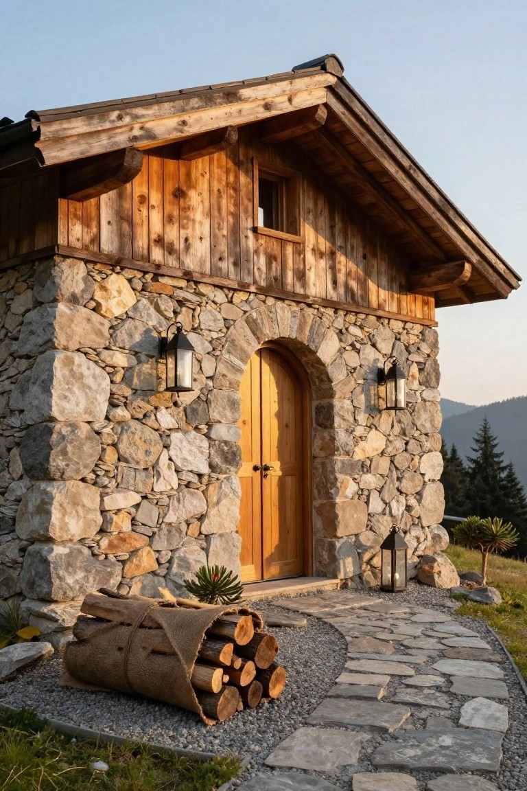 Small cabin exterior featuring a lower stone wall base, upper wooden plank siding, arched wooden front door with black iron hardware, flanked by two metal lanterns, a bundle of firewood on the ground, stone pathway, and distant mountains at dusk.