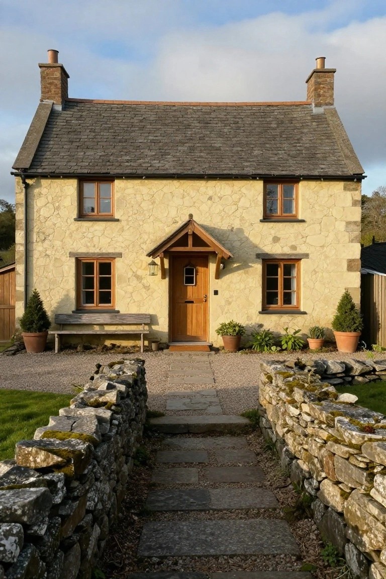 Beige textured stone cottage with slate roof, wooden gabled porch over front door, stone walls framing slate path, potted plants and bench nearby.