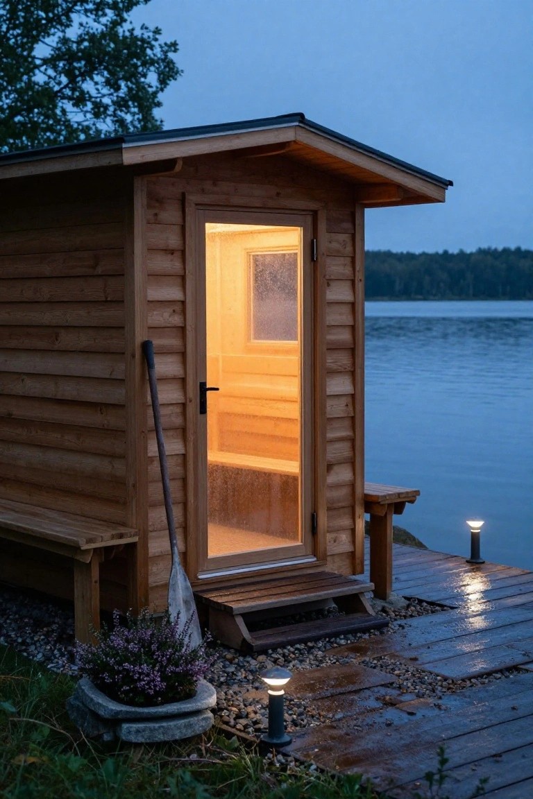 Wooden sauna cabin positioned on a dock beside a lake at evening, door ajar with warm interior light and steam visible, paddle leaning on the side, bench nearby, flower pot and lights on the pier.