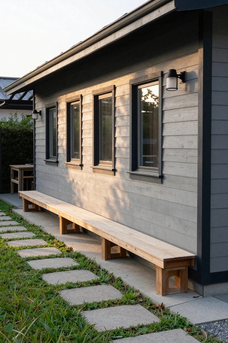 Side exterior of a gray wood-clad cabin building with three black-framed windows, a long natural wood bench running along the base of the wall, black exterior lights, and a stepping stone path bordered by grass.