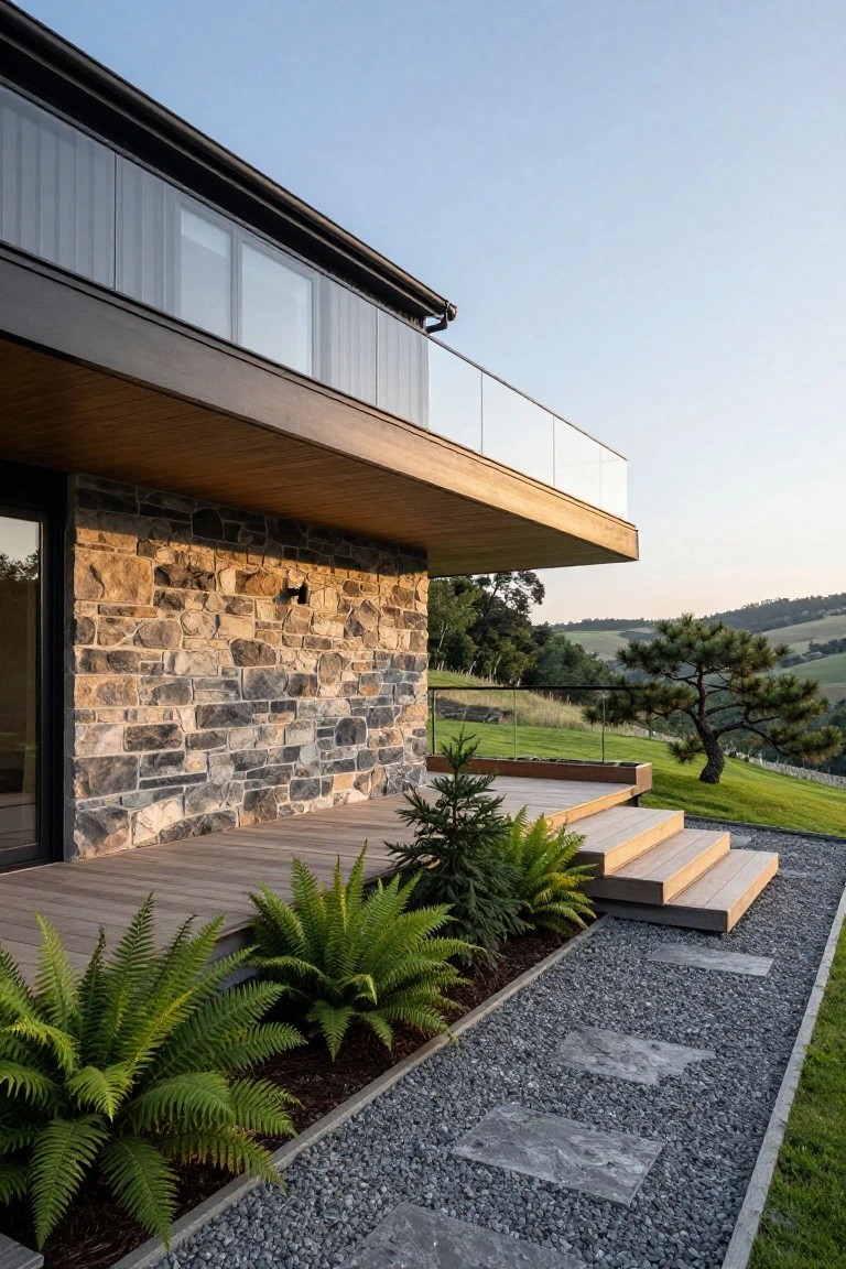 Side exterior view of a modern house with dark irregular stone lower wall, black metal framing around glass door and balcony, cantilevered light wood upper structure and deck with steps to gravel path edged in ferns, on grassy hillside with pine tree and hills in background at dusk.