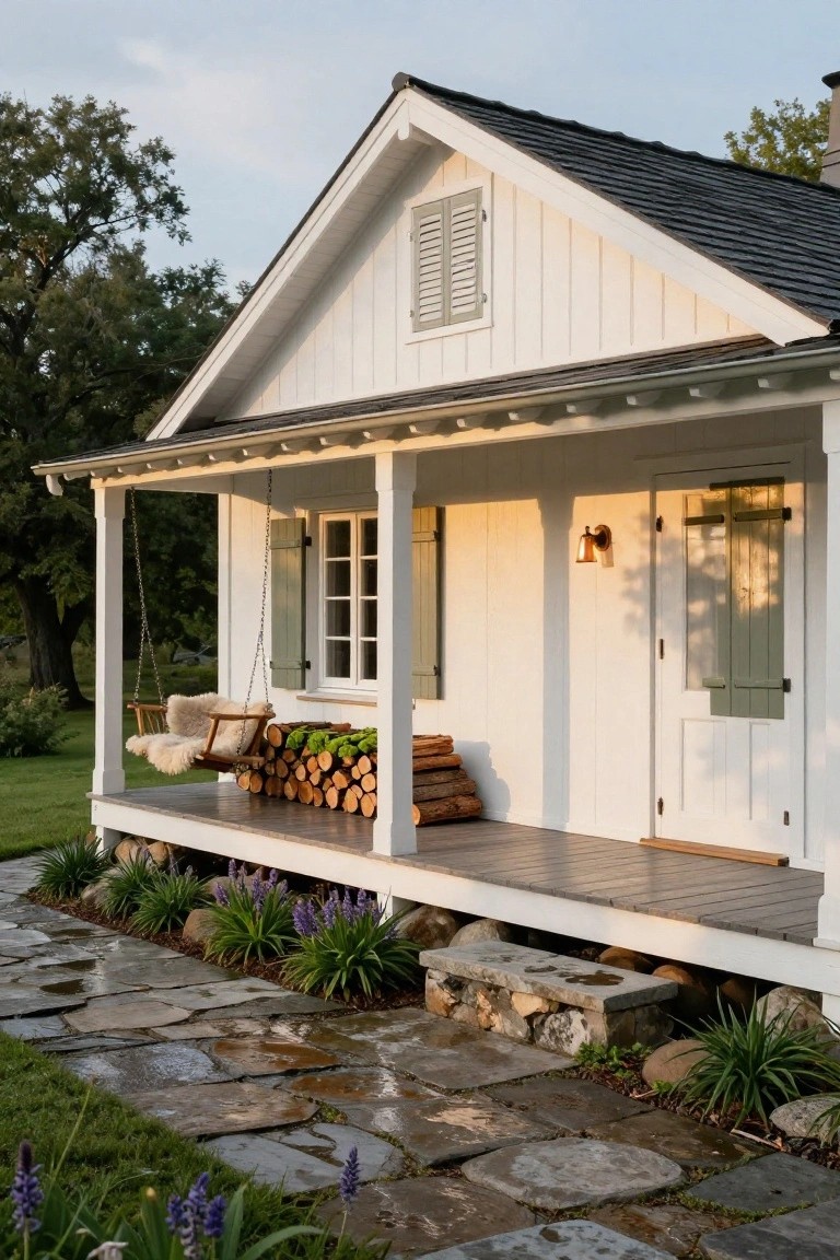 White board-and-batten sided cabin with dark metal roof, covered front porch displaying a hanging swing with cushions, stacked firewood under porch posts, green shutters on windows and door, wall lantern, stone slab pathway, and low plantings with rocks along the base.
