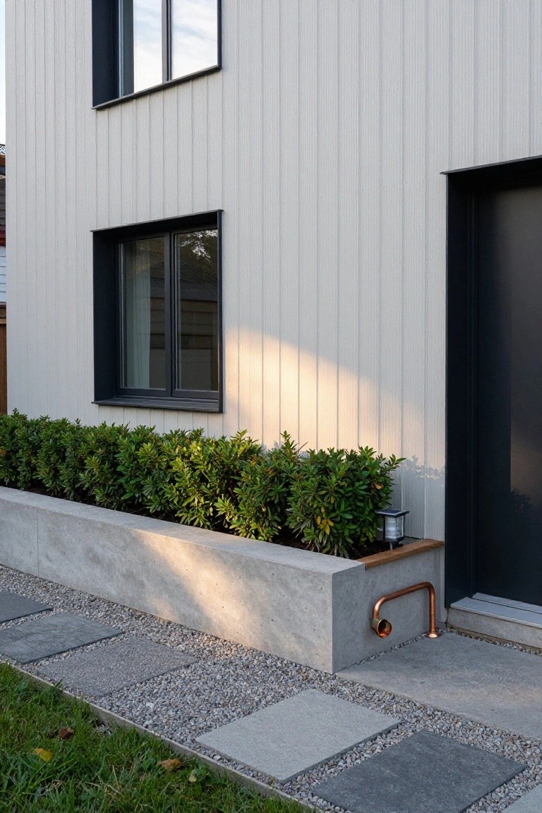 Side exterior of a modern house with white vertical wood cladding, black metal-framed windows and recessed entry door, concrete planter box filled with dense green boxwood shrubs, copper pipe accent, lantern light, and gravel stone path.