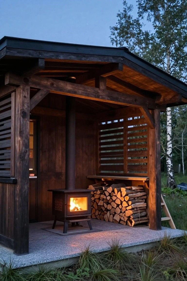 Small wooden pavilion with slatted walls sheltering a lit wood-burning stove, firewood stacked beside it on a gravel platform, surrounded by grass and birch trees at dusk.