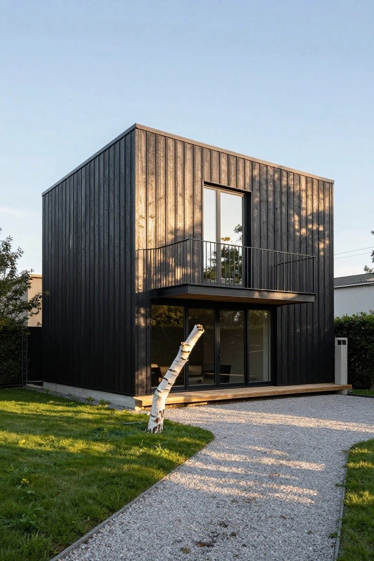 A modern cubic house clad in dark vertical wood planks, with a metal balcony, large glass sliding doors on the ground floor, gravel path, grass lawn, birch tree, and hedges nearby.