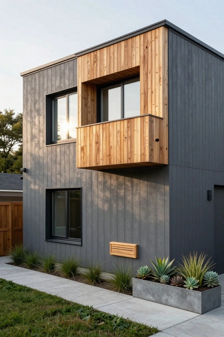 Side view of a modern two-story house with dark gray vertical siding, a protruding upper-level balcony clad in light wood planks with large windows and glass panels, a lower window, wooden mailbox, and succulents in a long metal planter beside a concrete path and grass lawn.