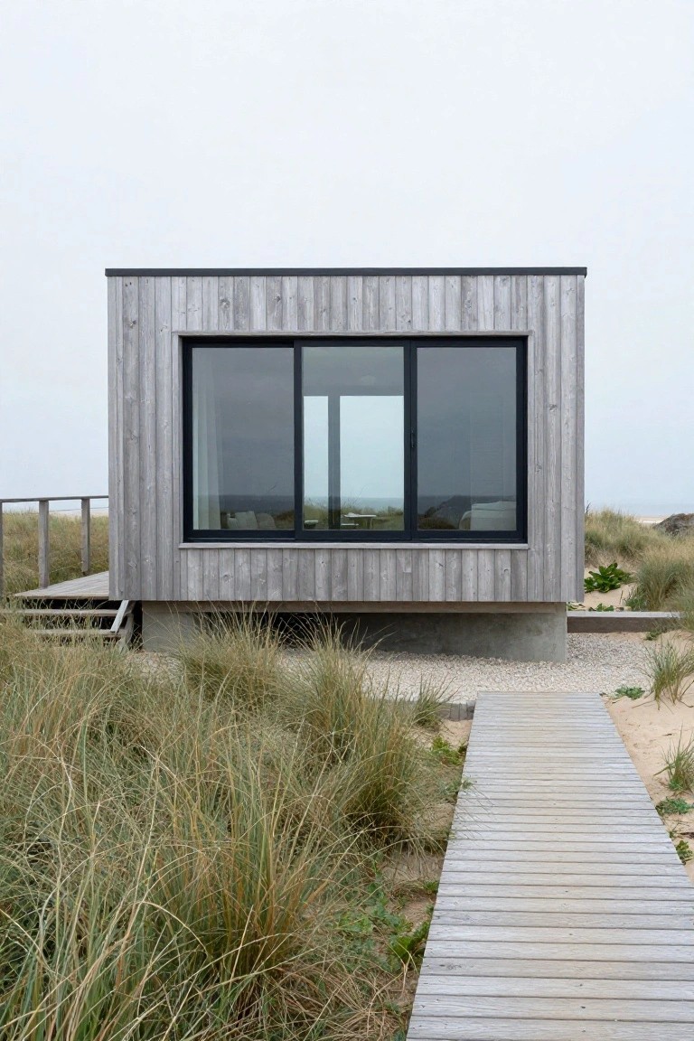 Small gray wooden cabin elevated on a concrete base amid beach dunes and grass, with a large black-framed window on one side and a wooden boardwalk path leading toward it.
