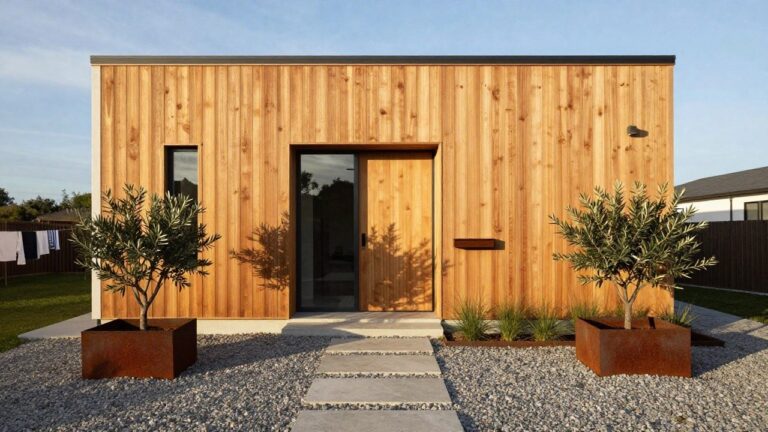17 Minimalist Wooden House Exterior Ideas for a Clean Designer Look White board-and-batten siding on a modern house exterior with a central light-stained vertical wooden front door, black-framed windows on either side, rust metal planters with olive tree and grasses, concrete steps leading to gravel ground cover.