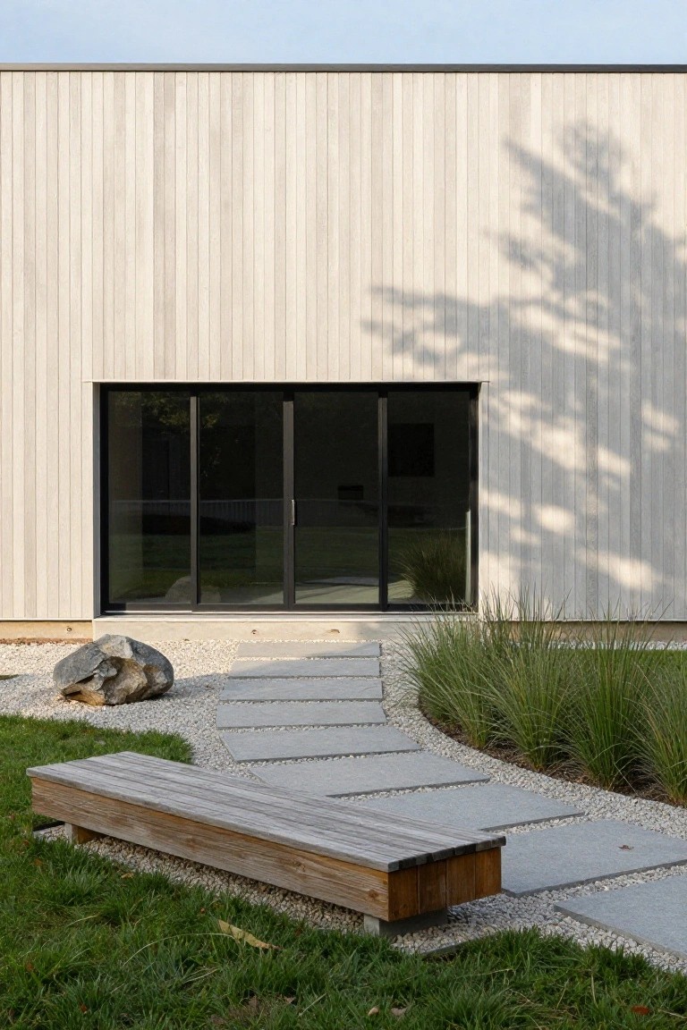 Exterior view of a minimalist house with light-toned vertical wood cladding, large black-framed sliding glass doors, a gray stone pathway curving through gravel, a wooden bench, a large boulder, and tall ornamental grasses.