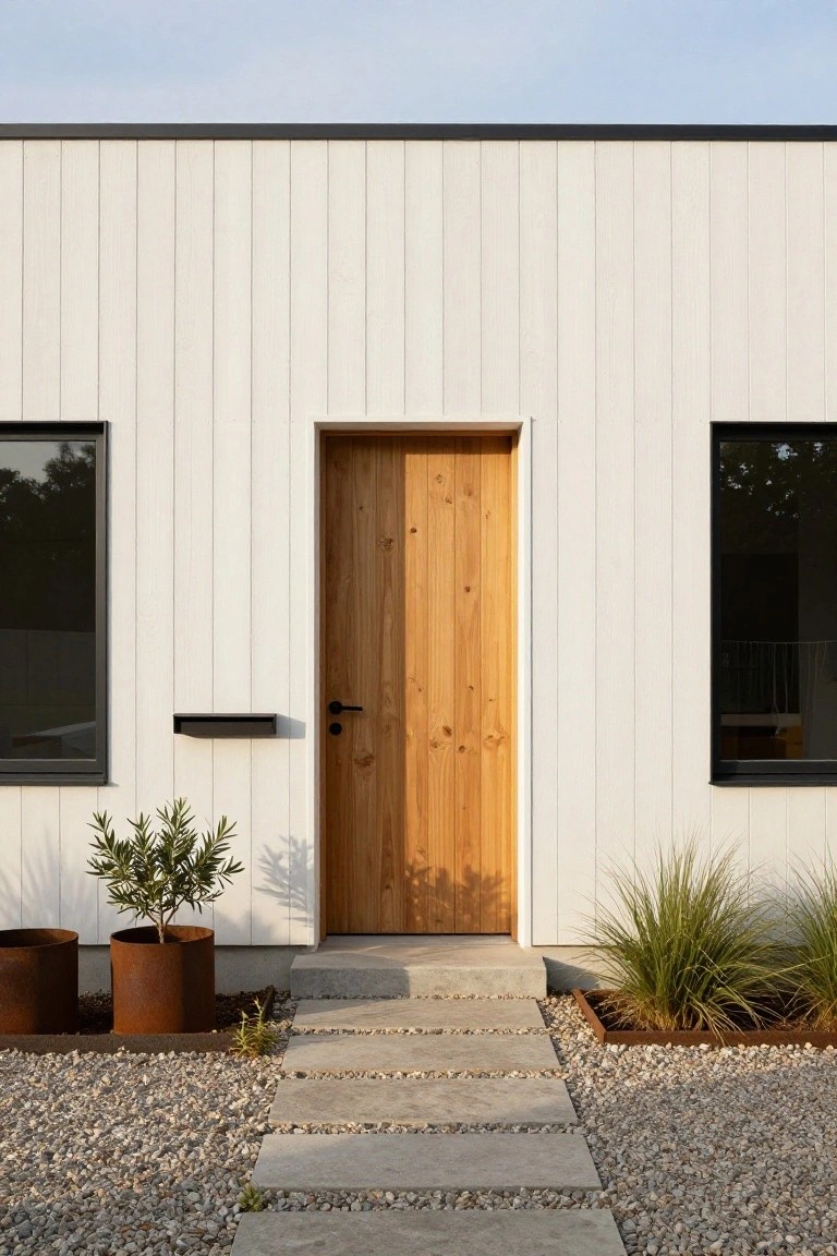 White board-and-batten siding on a modern house exterior with a central light-stained vertical wooden front door, black-framed windows on either side, rust metal planters with olive tree and grasses, concrete steps leading to gravel ground cover.