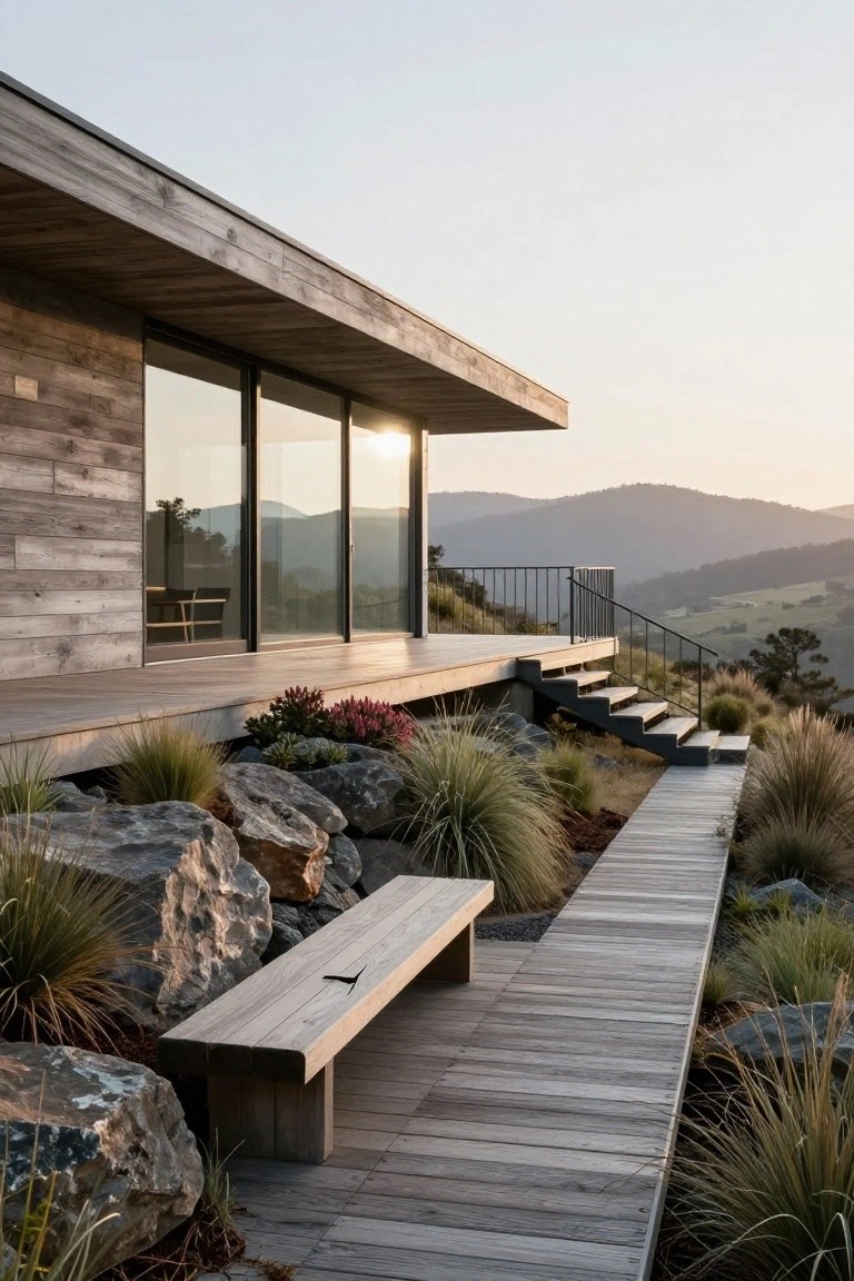 Modern wooden house exterior with light weathered vertical timber cladding on a cantilevered upper level over a deck, large black-framed glass windows, metal stairs leading to a wooden path with bench, surrounded by grasses, rocks, and distant hills at sunset.