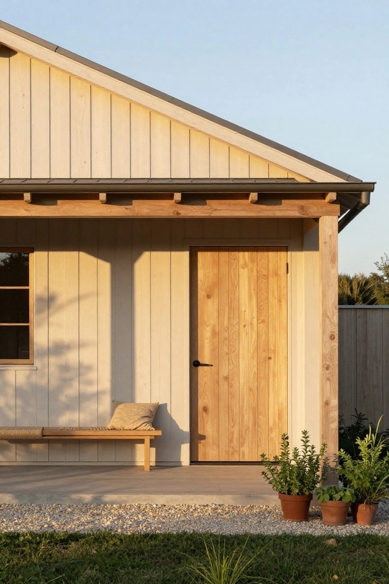 Side view of a light wood-clad house with covered porch, wooden entry door, adjacent window, bench seat with cushion, and potted plants on gravel beside grass.