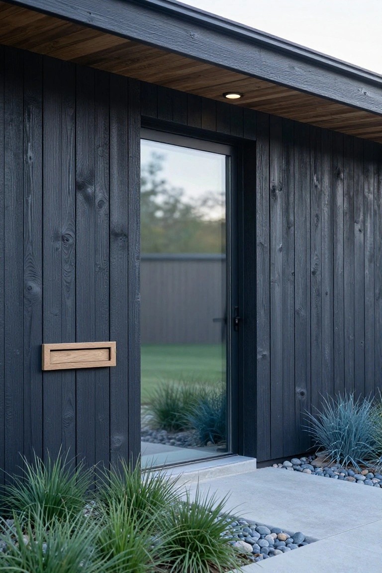 Close-up of a modern house exterior with vertical black wood cladding, frameless glass entry door, warm wood overhang and mailbox, ornamental grasses, pebble edging, and concrete path.