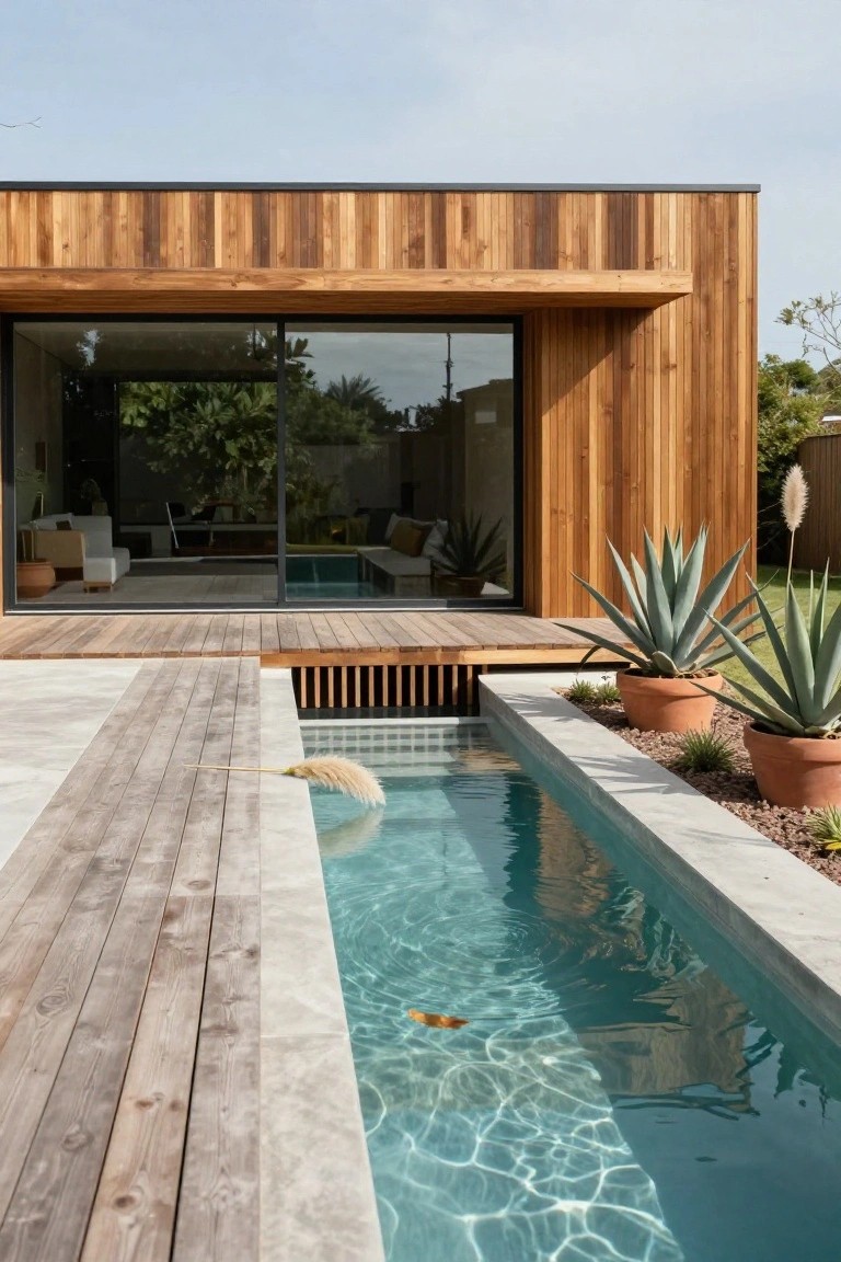 Modern single-story house with vertical timber cladding, large sliding glass doors opening onto a wooden deck next to a narrow rectangular pool edged in concrete, flanked by potted agave plants and pampas grass.