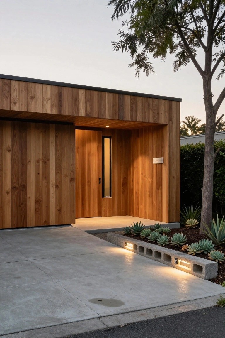 Modern single-story house exterior with vertical brown wood cladding, black roof trim, recessed entry with wooden door and slim vertical window, concrete driveway, and concrete block edging planted with agave succulents and low lights at dusk.
