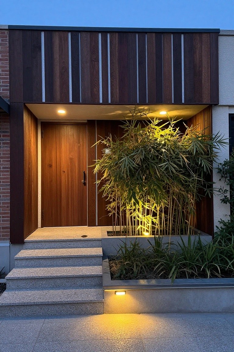 Modern house entrance at dusk with dark vertical wooden slats on the overhang and walls, a wooden front door, granite steps, uplights on tall bamboo plants beside the entry, and paved walkway.