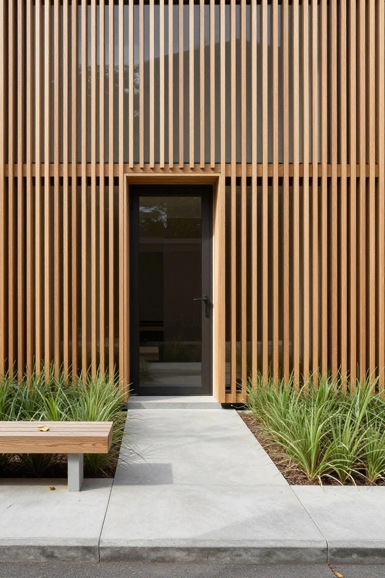 House exterior with vertical wooden slats cladding the facade, a dark-framed glass door at center, wooden bench to the side, ornamental grasses, and concrete path and walkway.