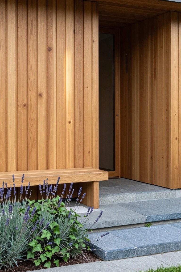 Wooden vertical plank cladding frames a house entrance with a built-in bench, lavender plants at the base, ivy nearby, and gray stone steps leading up to a glass door.