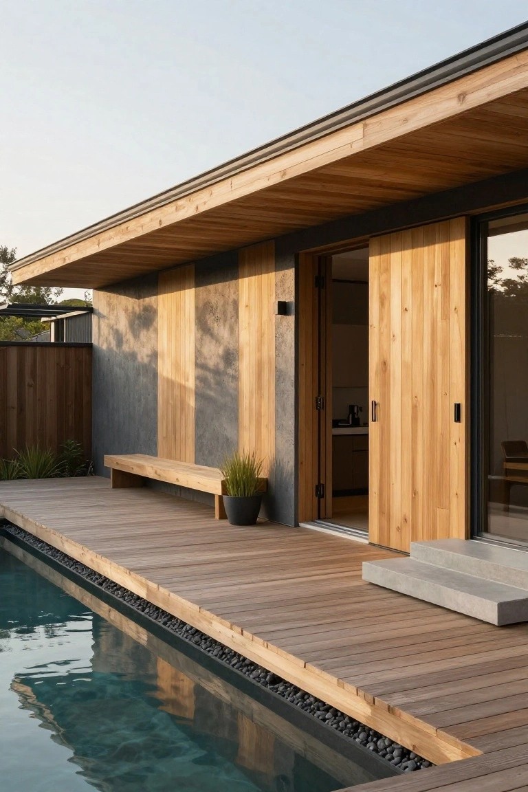 Side exterior of a minimalist house featuring concrete walls with vertical wooden slats, open wooden sliding doors, a wooden bench on a deck adjacent to a rectangular pool edged with black pebbles.