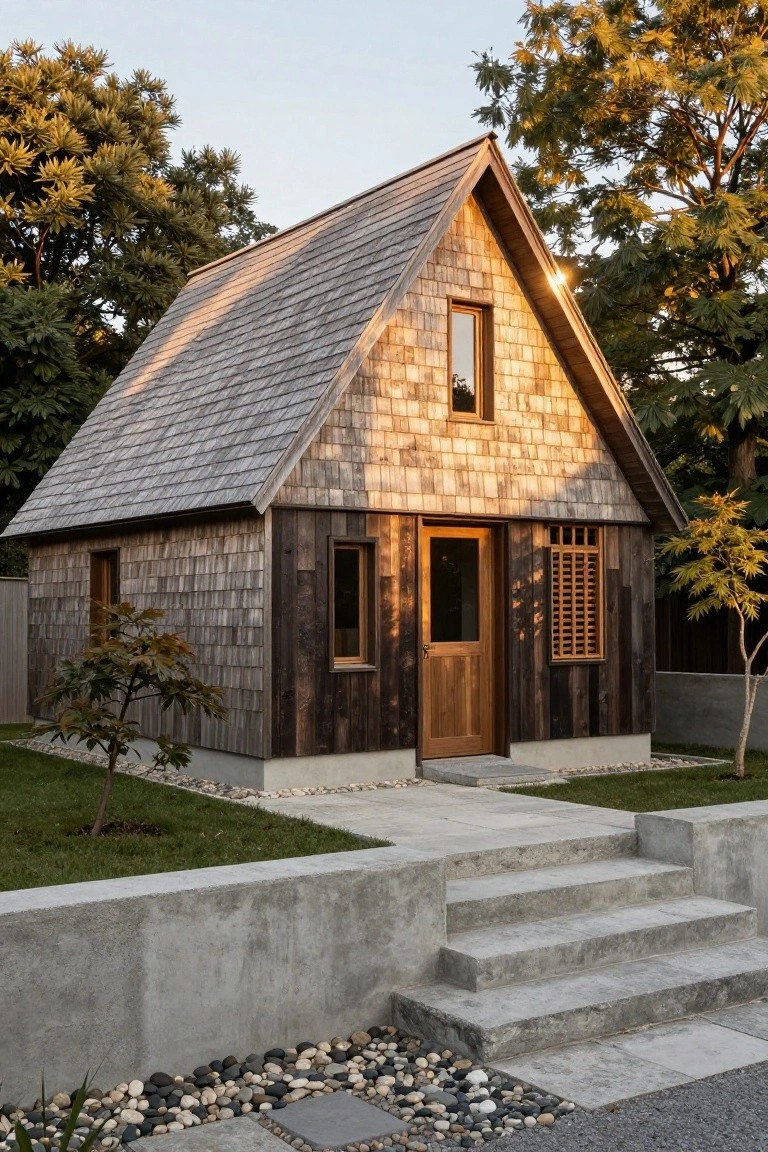 Small gabled wooden house with dark shingle siding, wooden door and window, concrete base and steps, surrounded by grass, trees, and pebble landscaping.