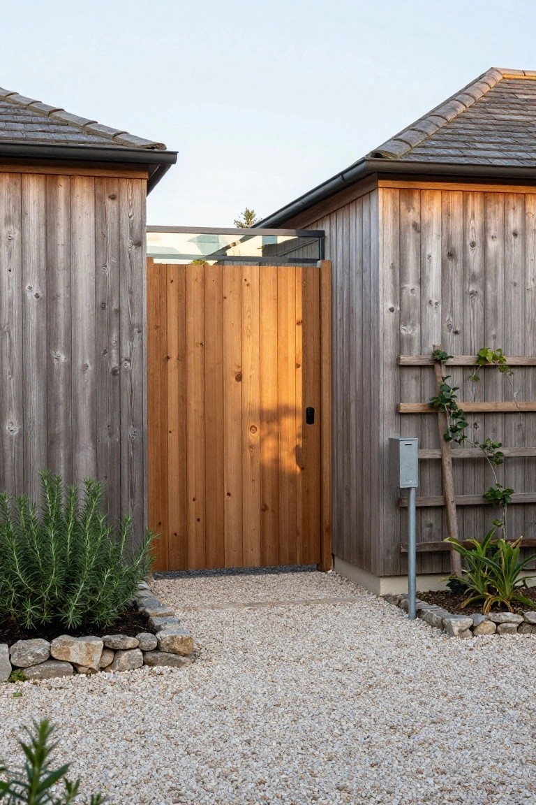 Wooden gate entrance framed between two gray shiplap wooden buildings with sloped roofs, gravel path leading up, rosemary plants and rock edging nearby, and climbing vines on a trellis.