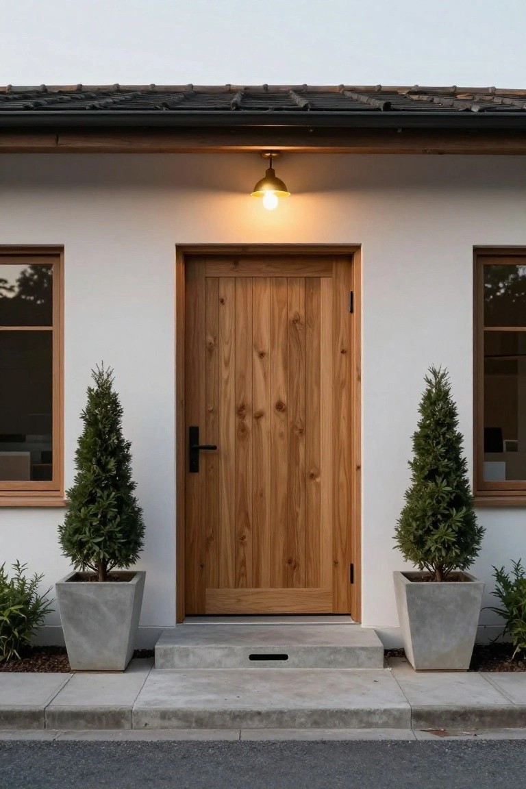 Front view of a minimalist house exterior with white stucco walls, a centered vertical wooden door with black handle, flanked by two potted conical evergreen trees on concrete steps, and a lit wall sconce above the door.