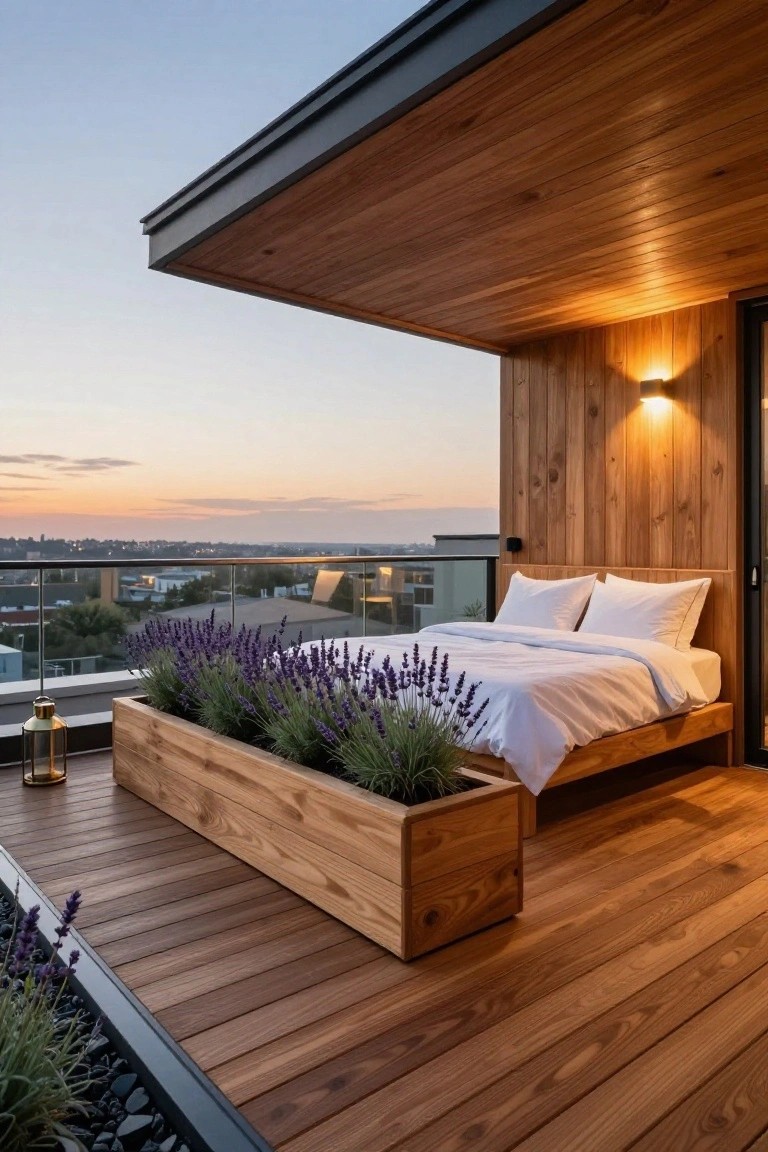 Wooden balcony deck with a low bed, white bedding, lavender plants in wooden planters, wooden cladding on walls and ceiling, glass railing, warm wall light, and city view at dusk.