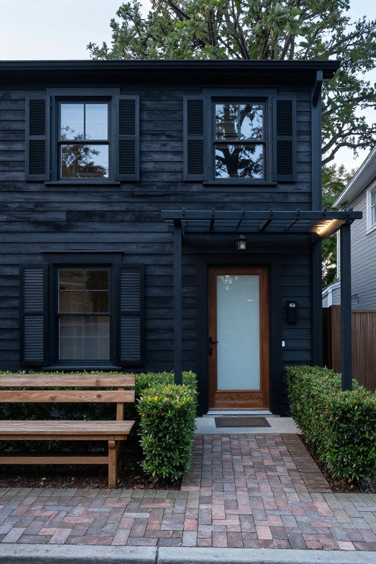 Front view of a two-story house with black wood shingle siding, black shutters on double-hung windows, a wooden pergola over a frosted glass front door, boxwood shrubs, a wooden bench, and a brick pathway.